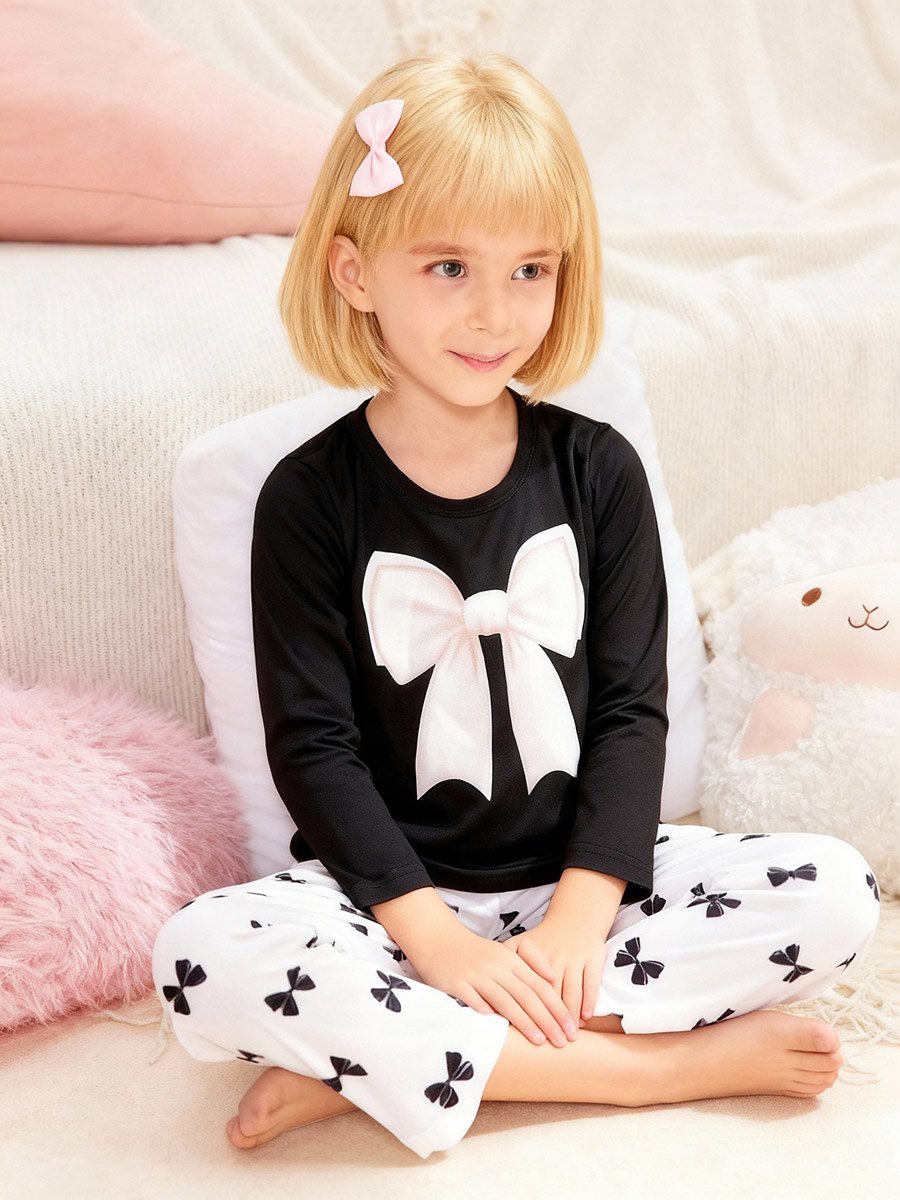 Girls Bow Print Top and Pyjama Set