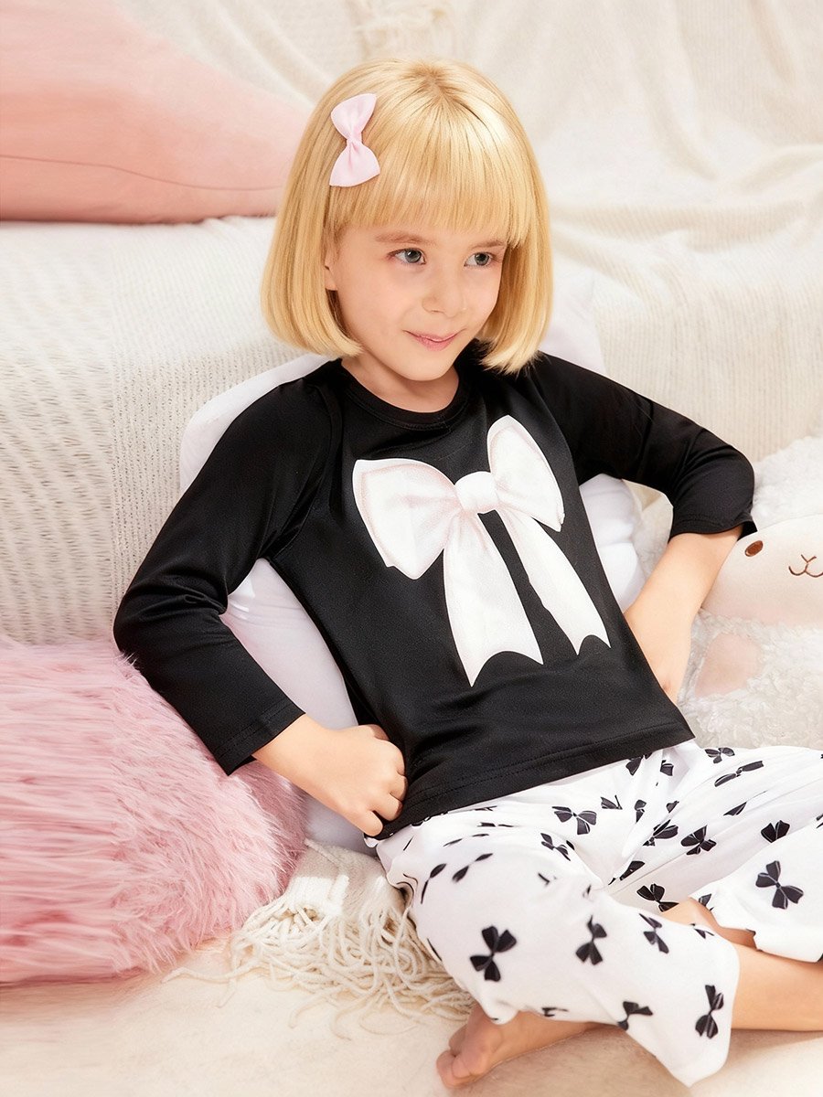 Girls Bow Print Top and Pyjama Set
