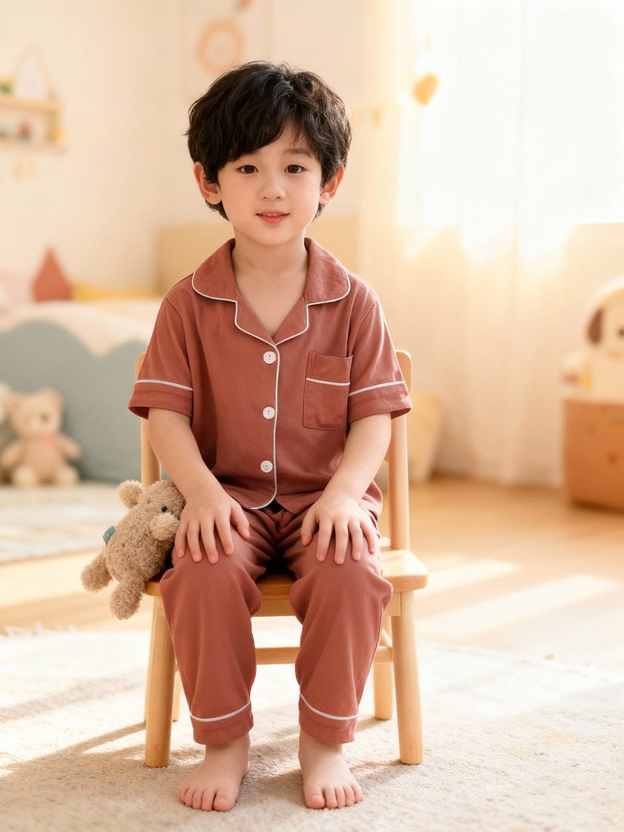 Boys Coffee Brown Short Sleeve Shirt and Pyjama Set