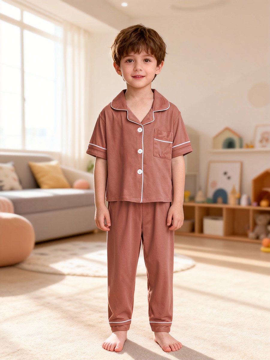 Boys Coffee Brown Short Sleeve Shirt and Pyjama Set