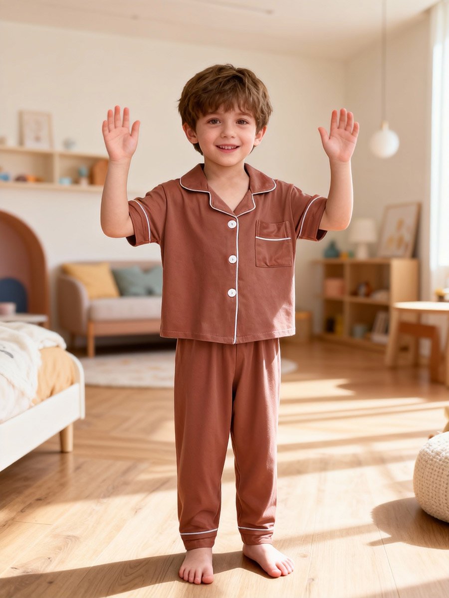 Boys Coffee Brown Short Sleeve Shirt and Pyjama Set