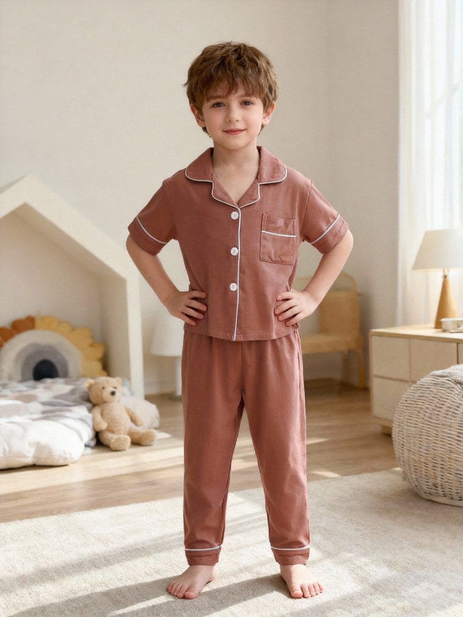 Boys Coffee Brown Short Sleeve Shirt and Pyjama Set