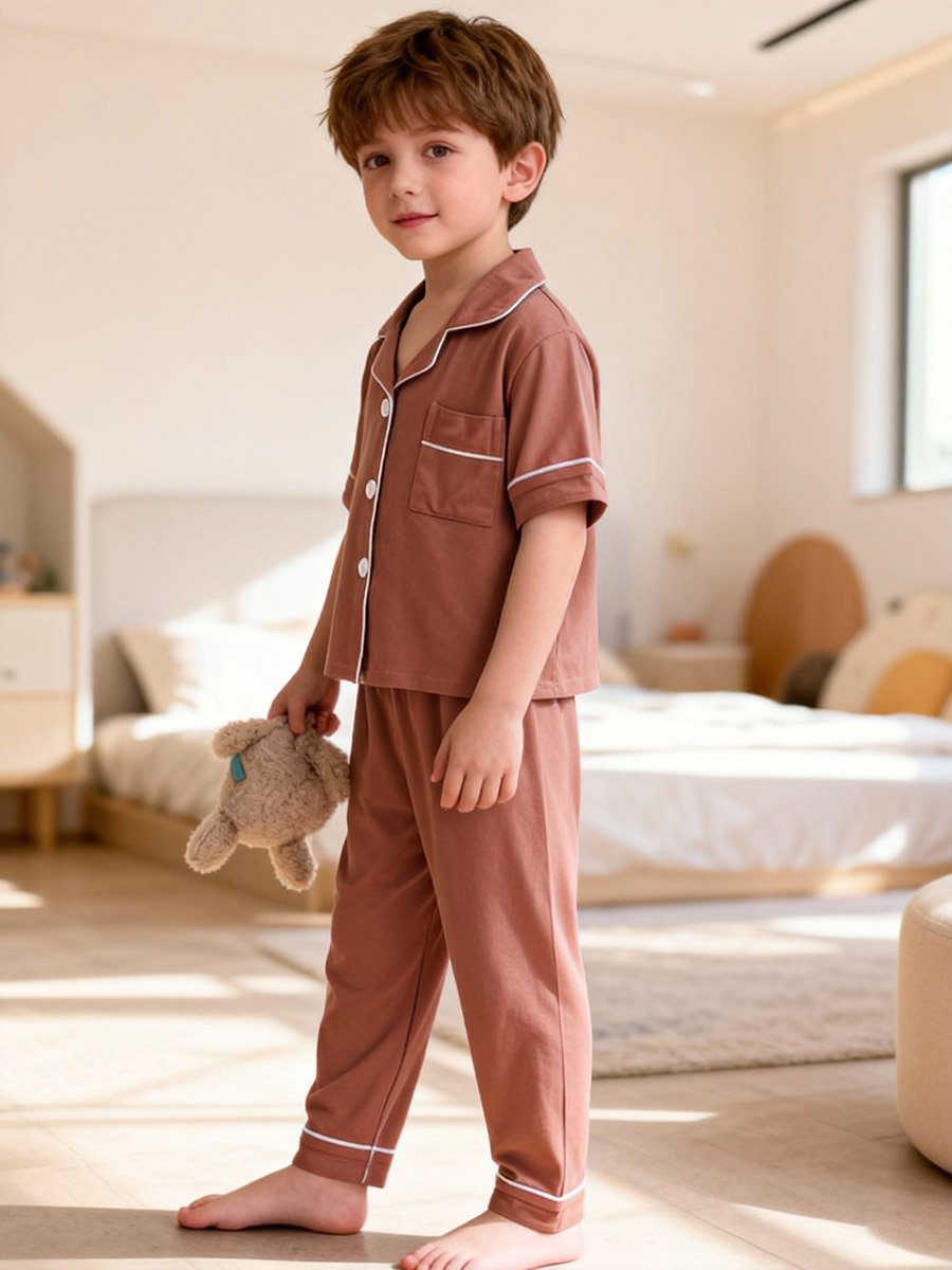 Boys Coffee Brown Short Sleeve Shirt and Pyjama Set