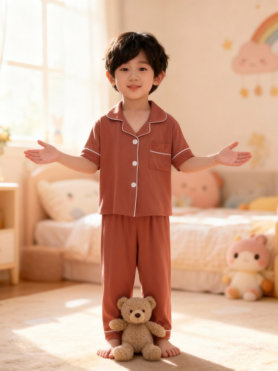 Boys Coffee Brown Short Sleeve Shirt and Pyjama Set