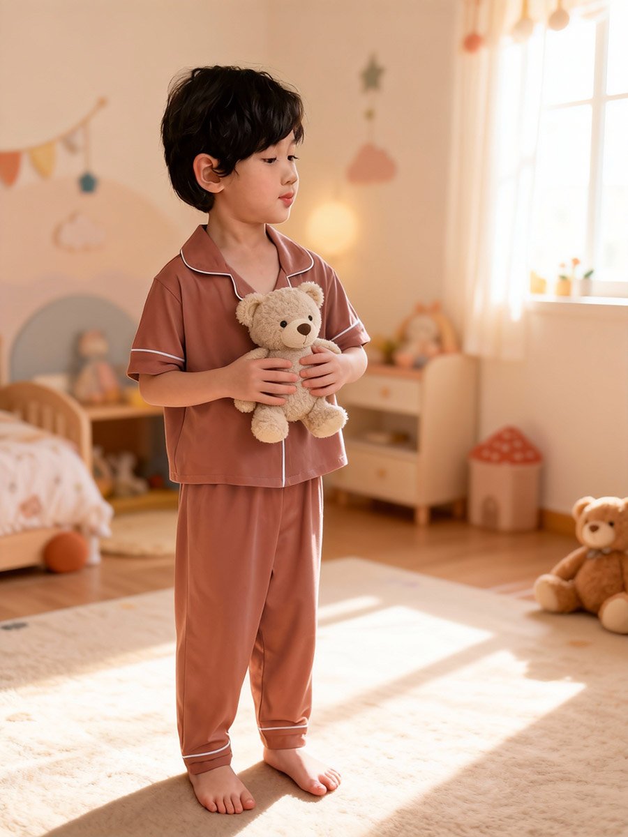 Boys Coffee Brown Short Sleeve Shirt and Pyjama Set