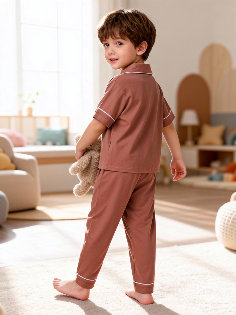 Boys Coffee Brown Short Sleeve Shirt and Pyjama Set