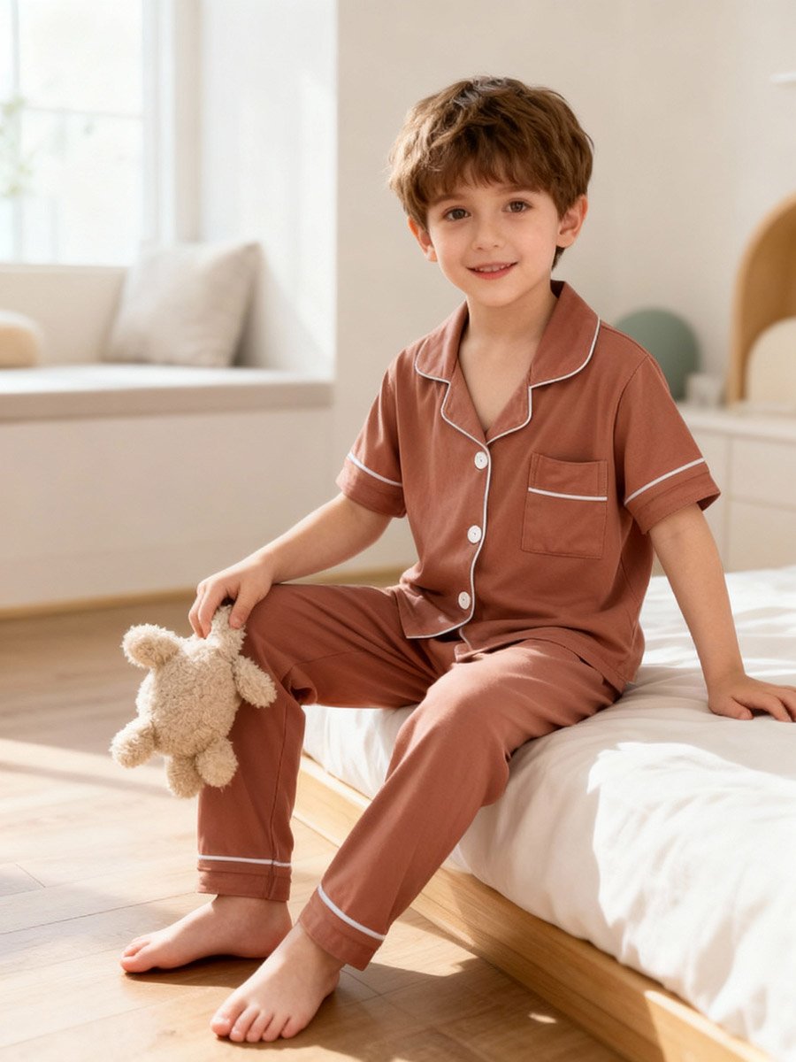 Boys Coffee Brown Short Sleeve Shirt and Pyjama Set