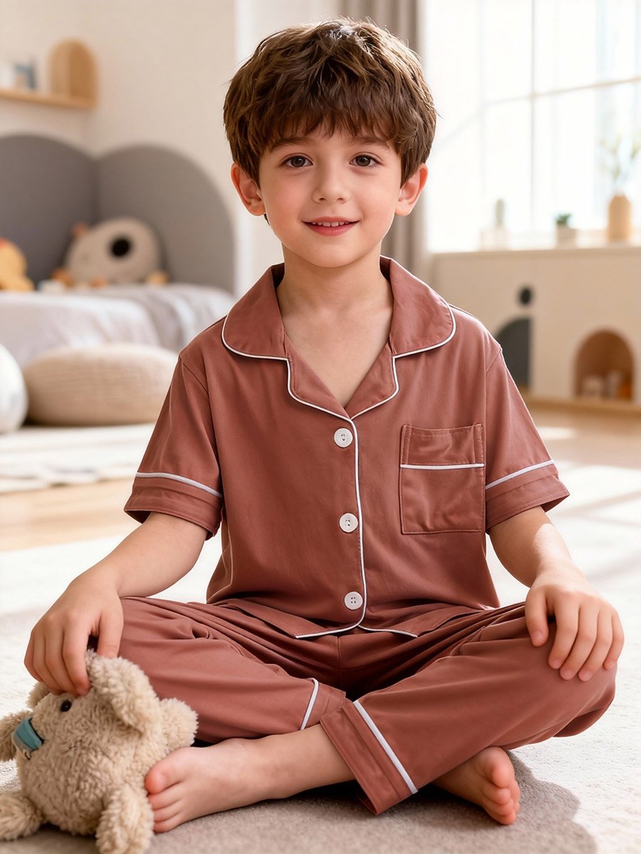 Boys Coffee Brown Short Sleeve Shirt and Pyjama Set