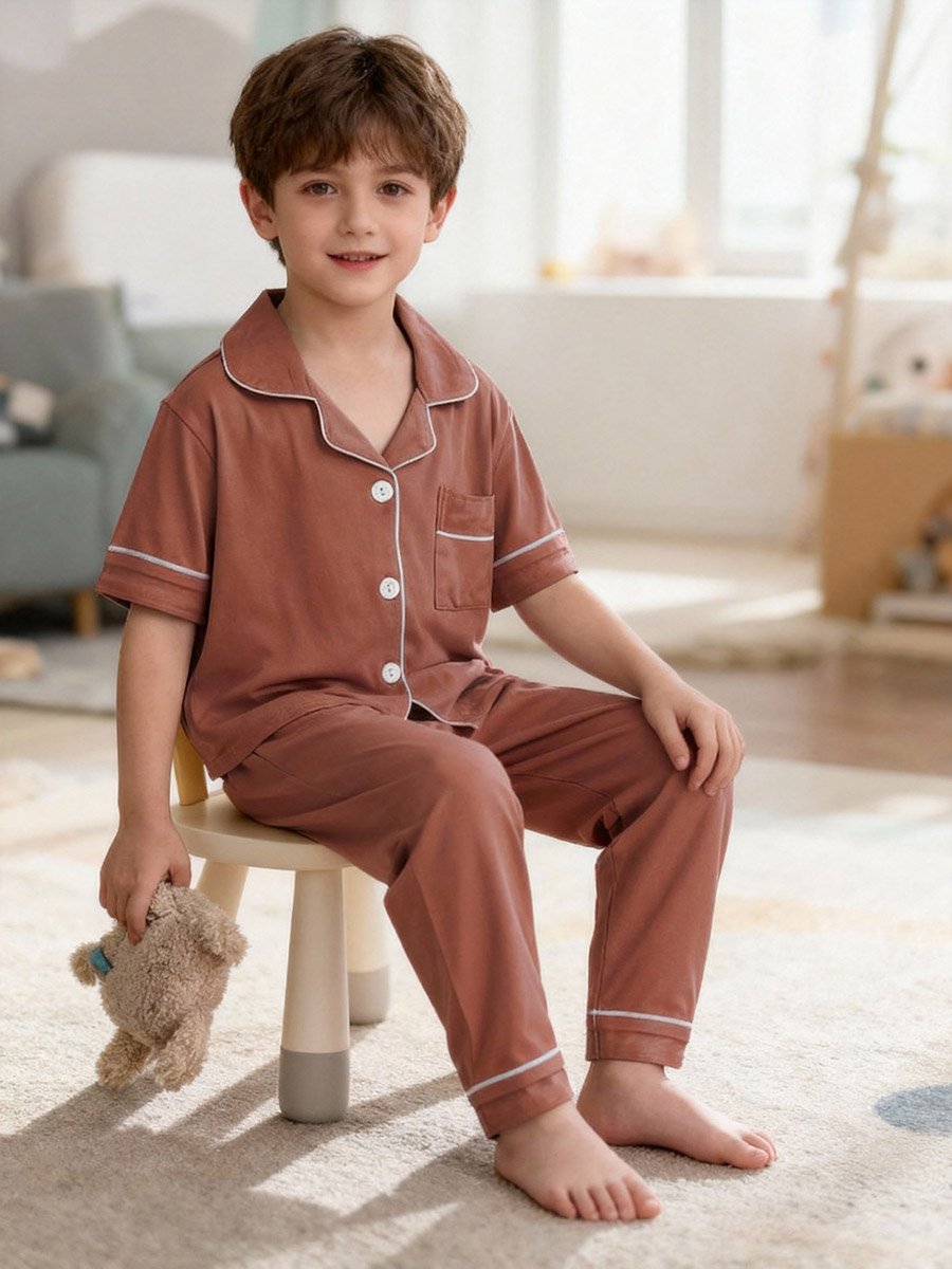 Boys Coffee Brown Short Sleeve Shirt and Pyjama Set