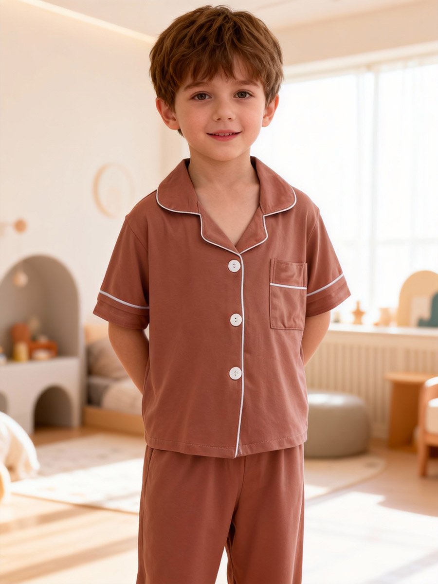 Boys Coffee Brown Short Sleeve Shirt and Pyjama Set