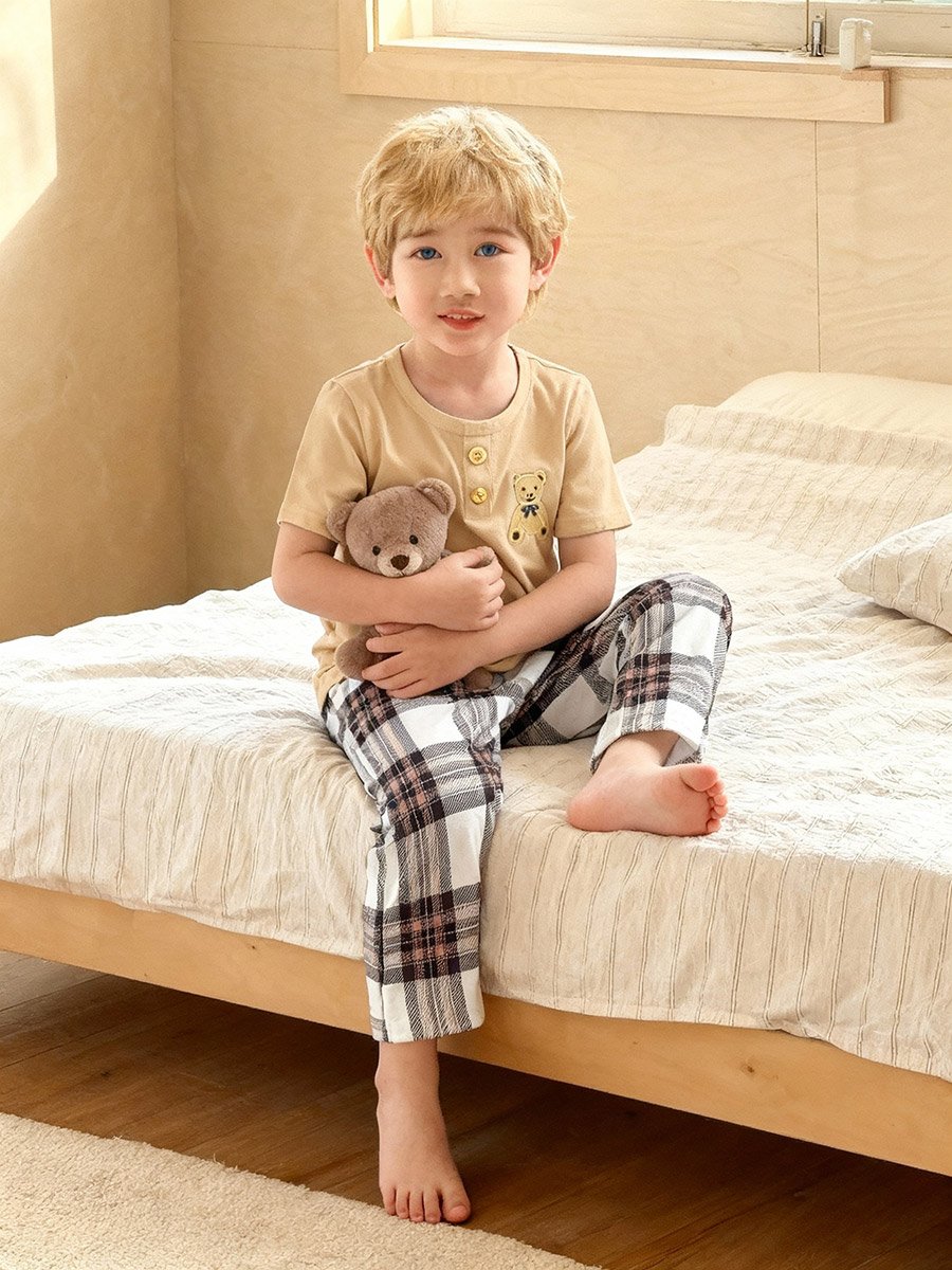 Boys Bear Print T-Shirt and Checked Pyjama Set