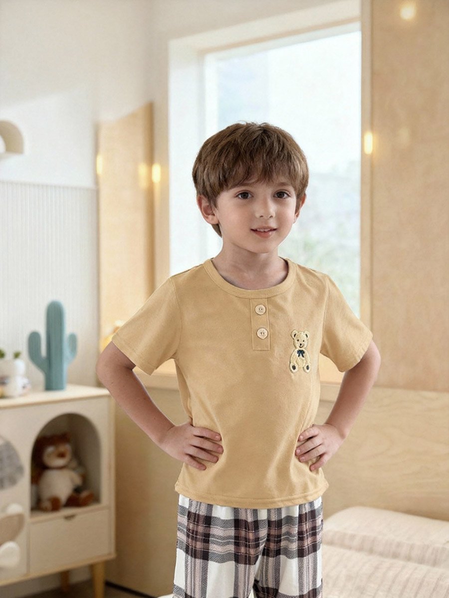 Boys Bear Print T-Shirt and Checked Pyjama Set