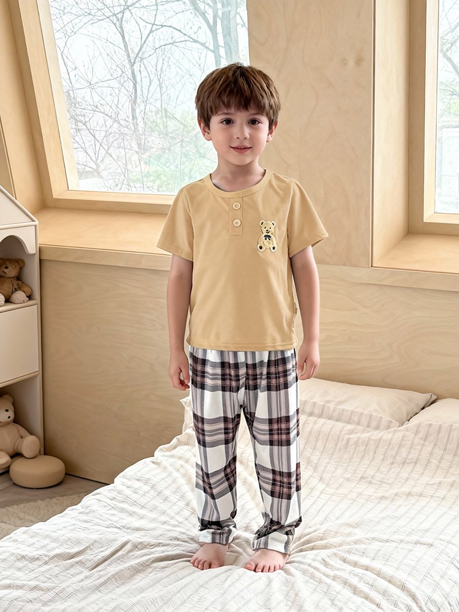 Boys Bear Print T-Shirt and Checked Pyjama Set