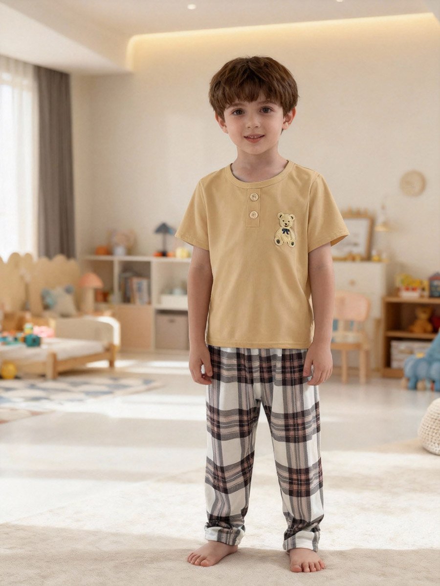 Boys Bear Print T-Shirt and Checked Pyjama Set