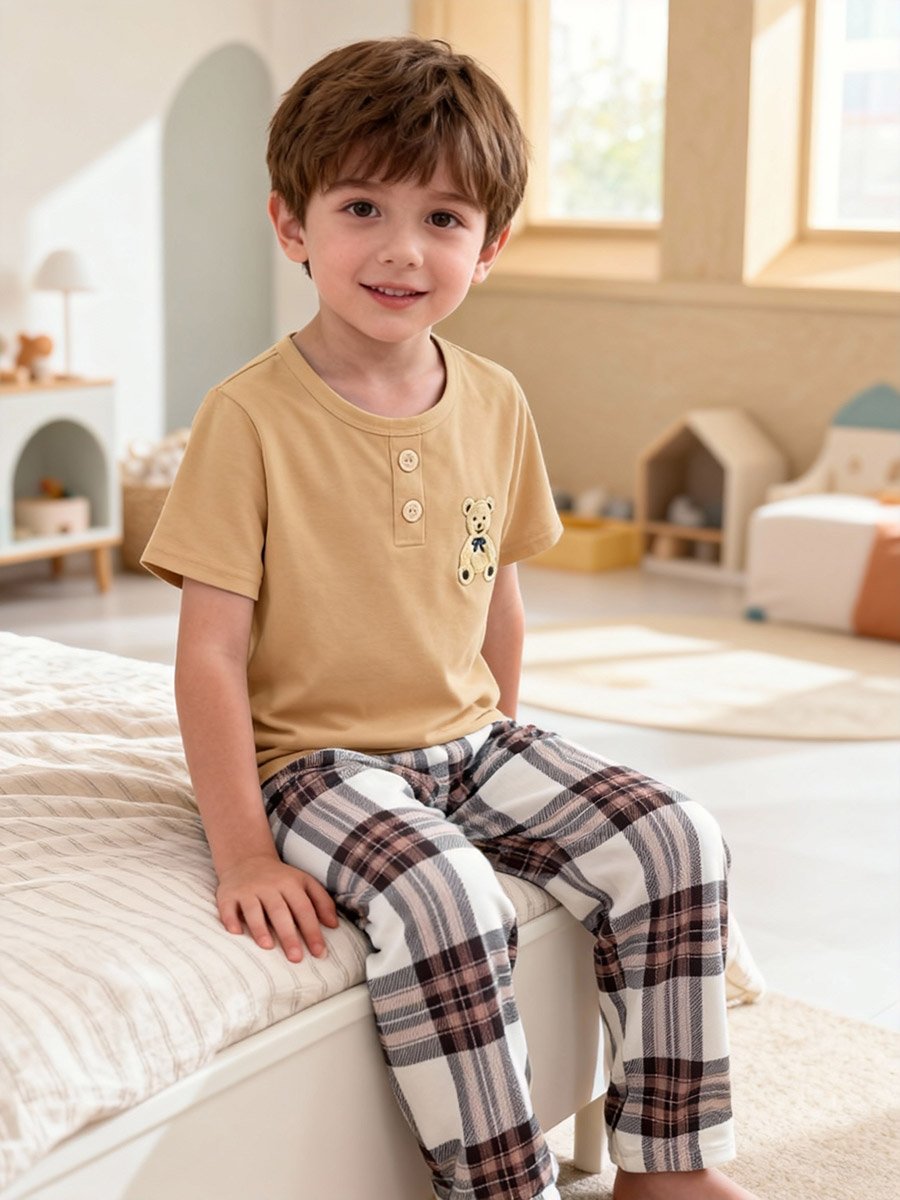 Boys Bear Print T-Shirt and Checked Pyjama Set