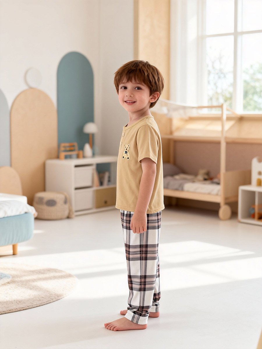 Boys Bear Print T-Shirt and Checked Pyjama Set