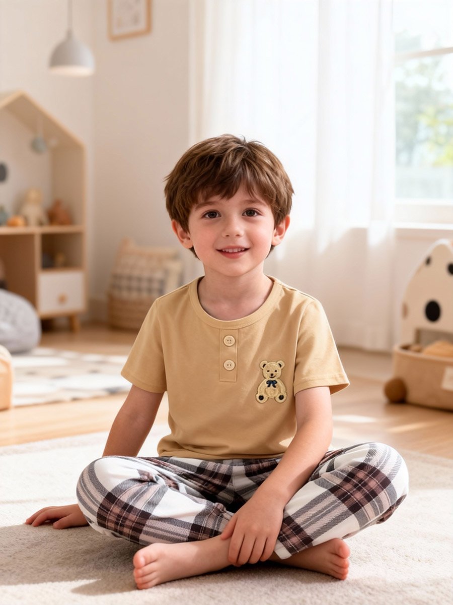 Boys Bear Print T-Shirt and Checked Pyjama Set