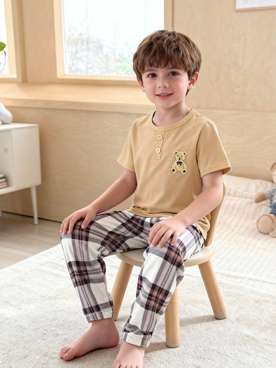 Boys Bear Print T-Shirt and Checked Pyjama Set