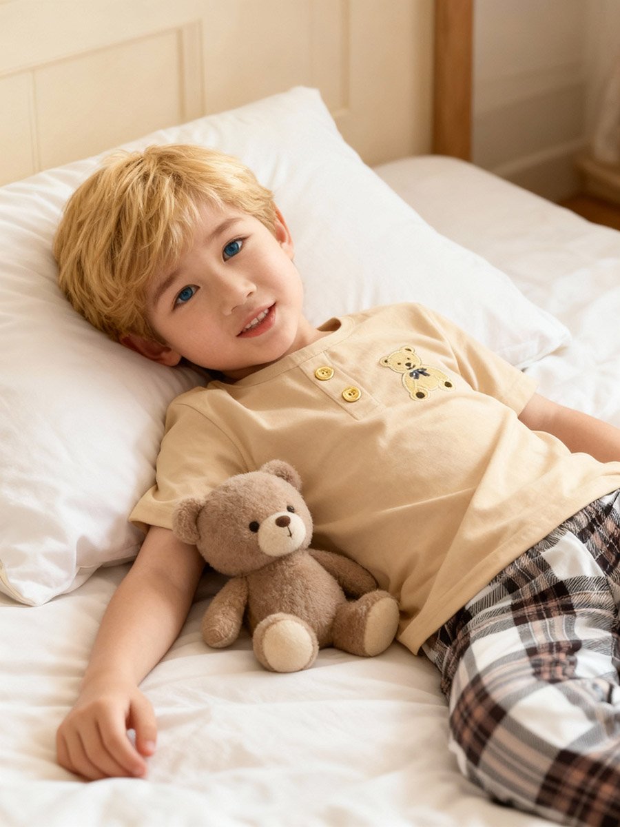 Boys Bear Print T-Shirt and Checked Pyjama Set