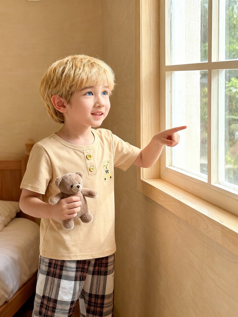 Boys Bear Print T-Shirt and Checked Pyjama Set