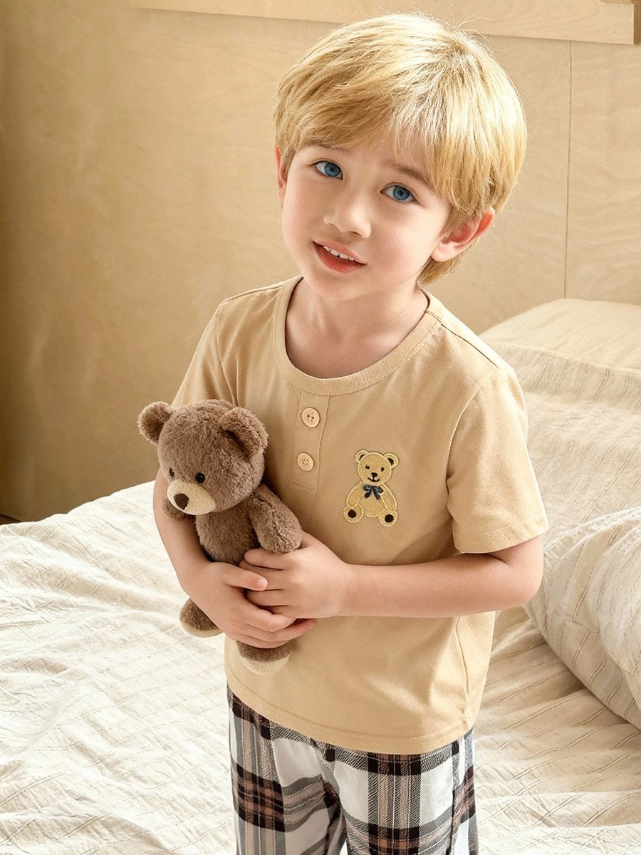Boys Bear Print T-Shirt and Checked Pyjama Set