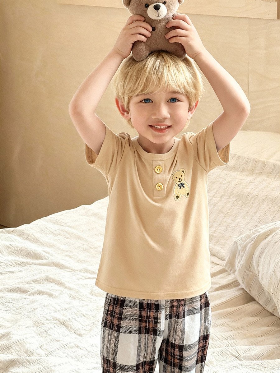 Boys Bear Print T-Shirt and Checked Pyjama Set