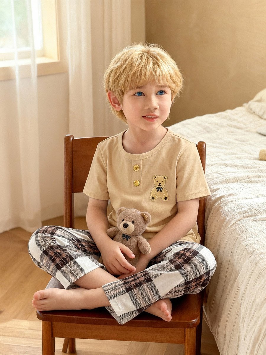 Boys Bear Print T-Shirt and Checked Pyjama Set