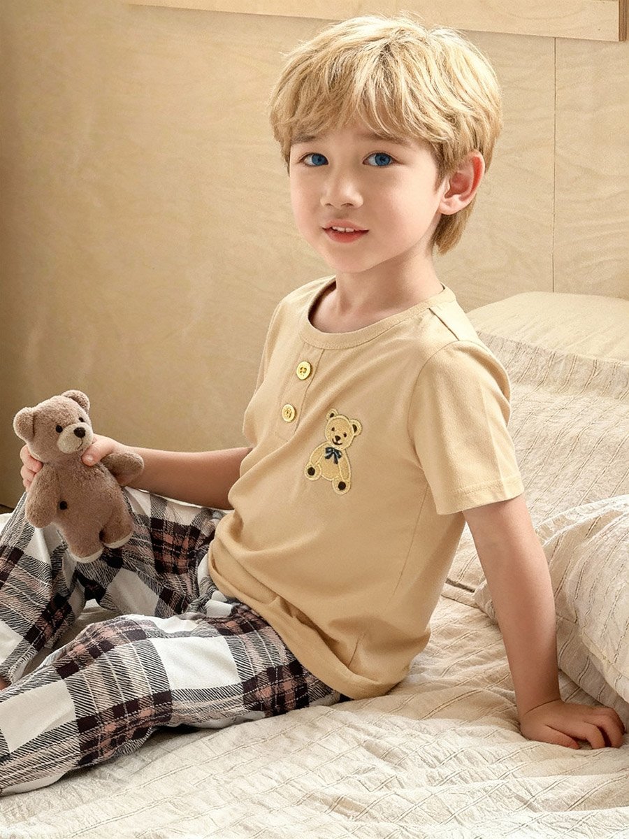 Boys Bear Print T-Shirt and Checked Pyjama Set