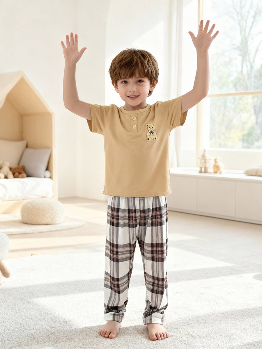 Boys Bear Print T-Shirt and Checked Pyjama Set