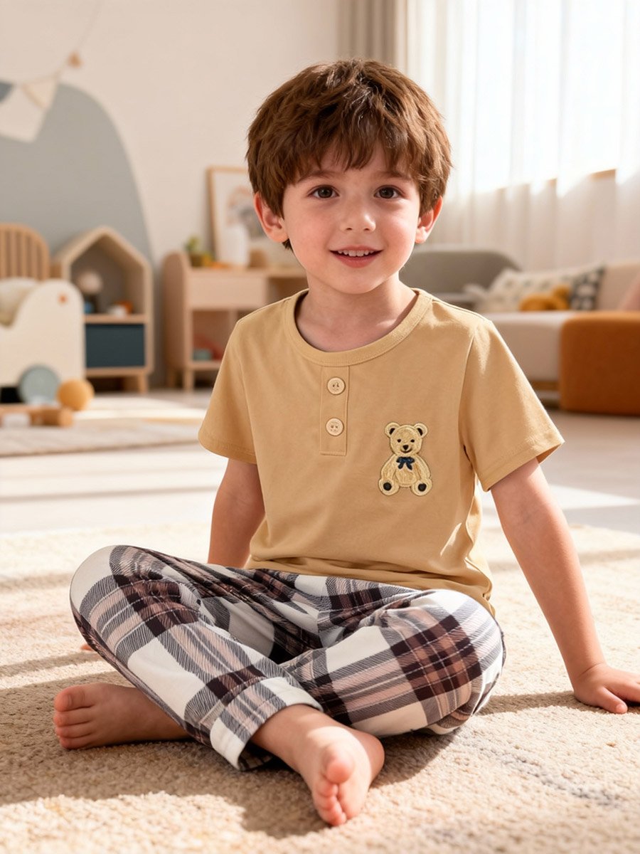 Boys Bear Print T-Shirt and Checked Pyjama Set