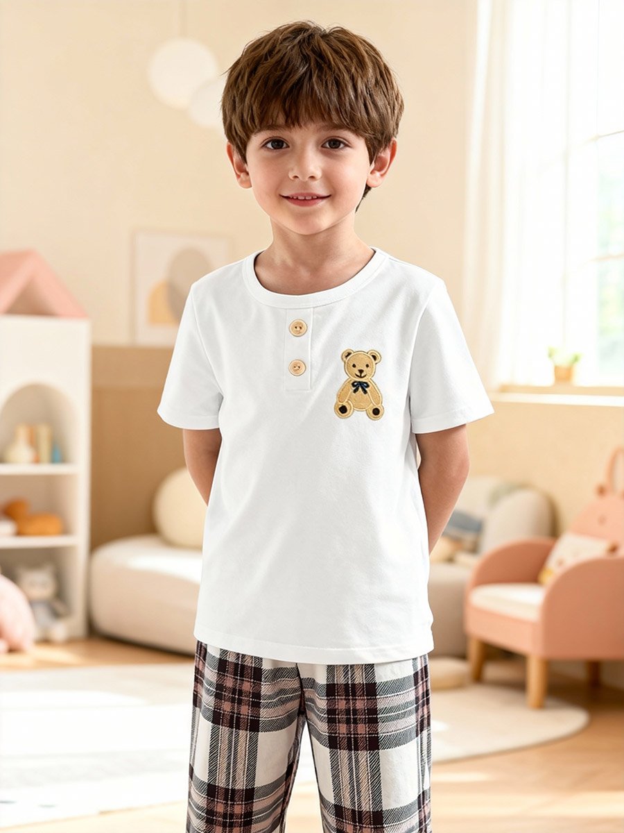 Boys Bear Print T-Shirt and Checked Pyjama Set