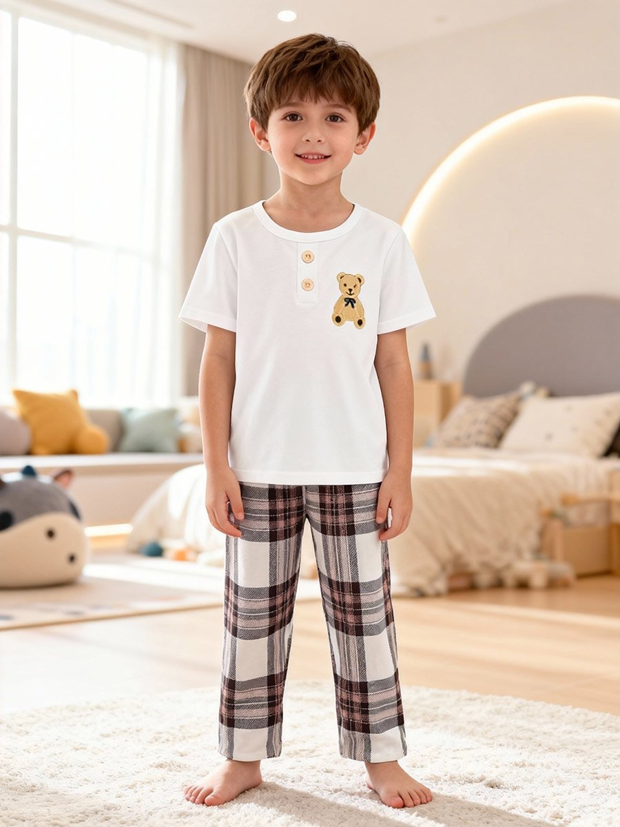 Boys Bear Print T-Shirt and Checked Pyjama Set