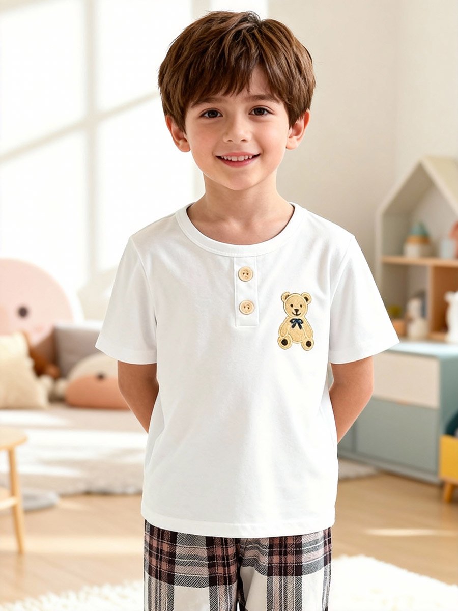 Boys Bear Print T-Shirt and Checked Pyjama Set