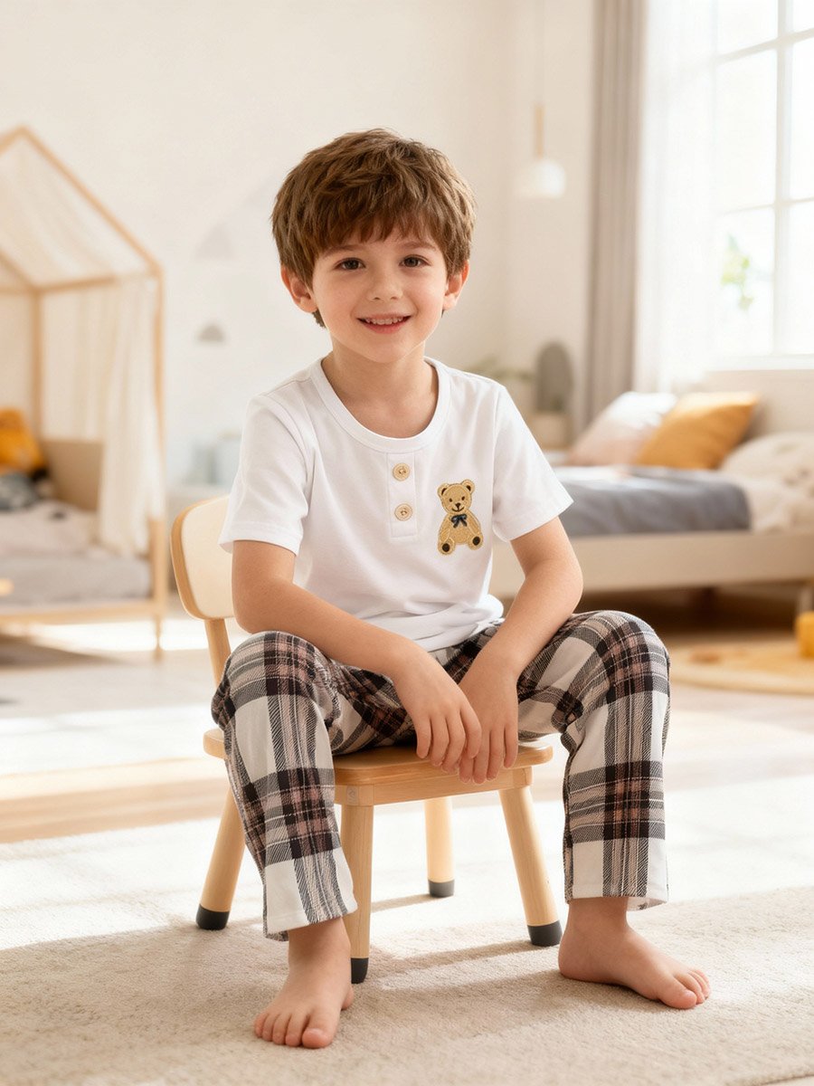 Boys Bear Print T-Shirt and Checked Pyjama Set