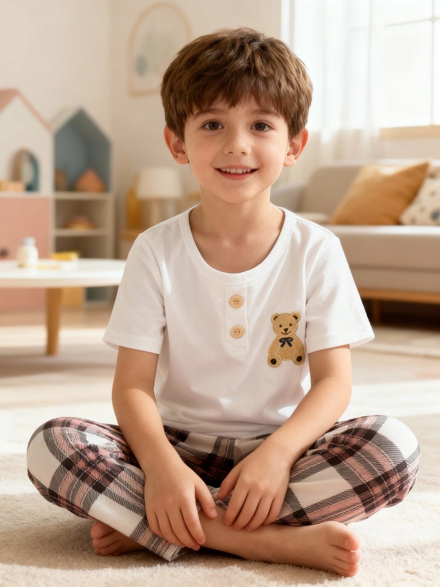 Boys Bear Print T-Shirt and Checked Pyjama Set