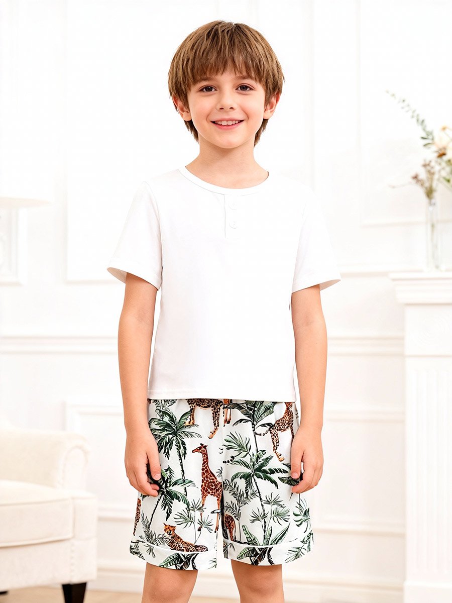 Boys White Short Sleeve T-Shirt and Shorts Pyjama Set