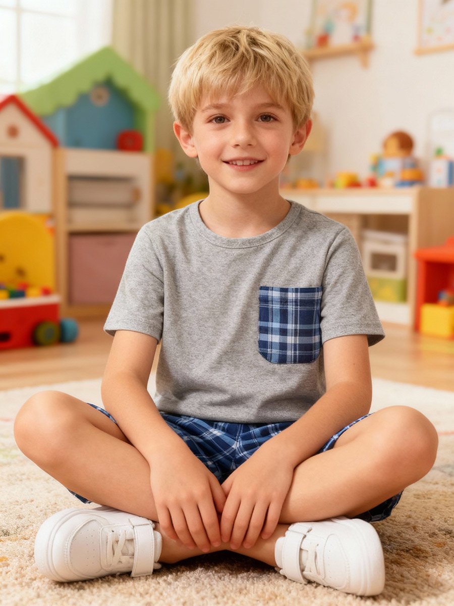 Boys Checked Pocket Shirt and Shorts Pyjama Set