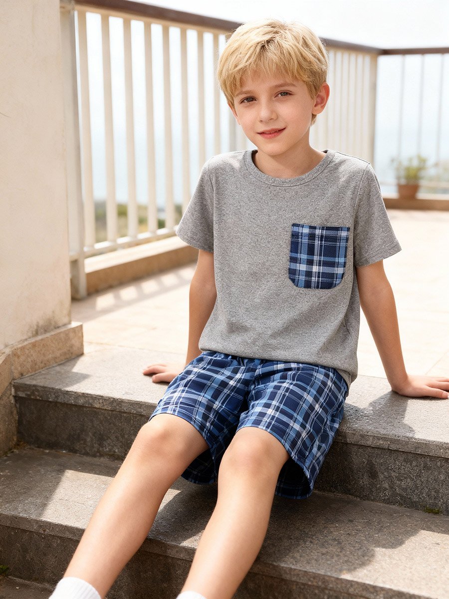 Boys Checked Pocket Shirt and Shorts Pyjama Set