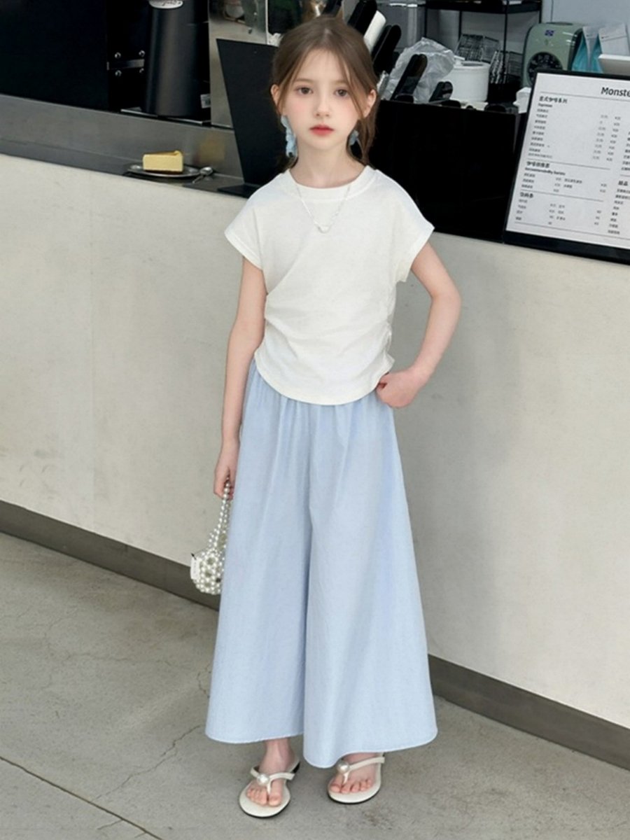 Girls Solid Ruched Detail T-Shirt and Wide Leg Pants Set