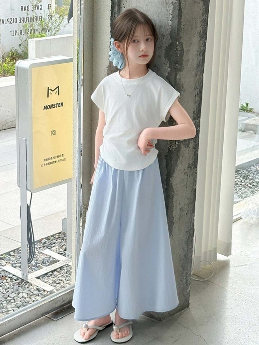 Girls Solid Ruched Detail T-Shirt and Wide Leg Pants Set