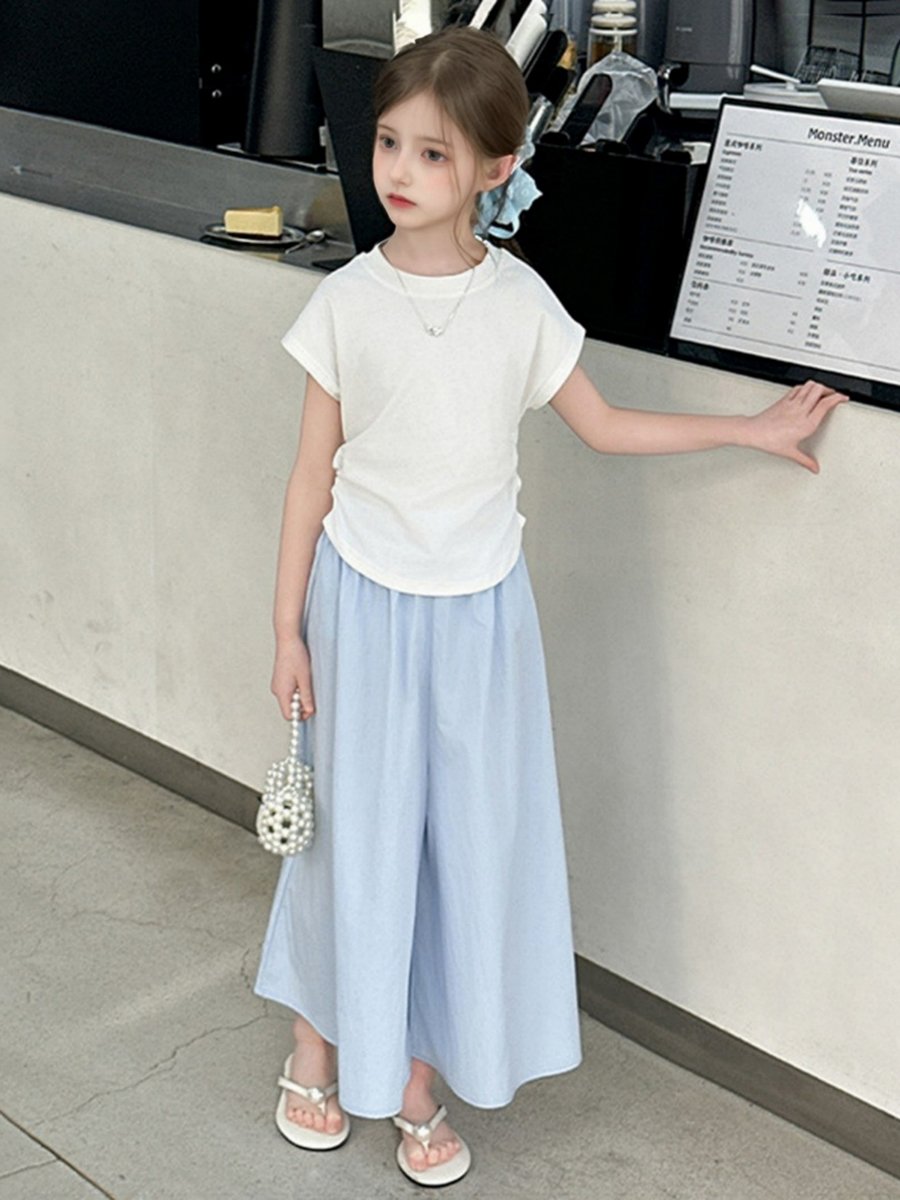 Girls Solid Ruched Detail T-Shirt and Wide Leg Pants Set