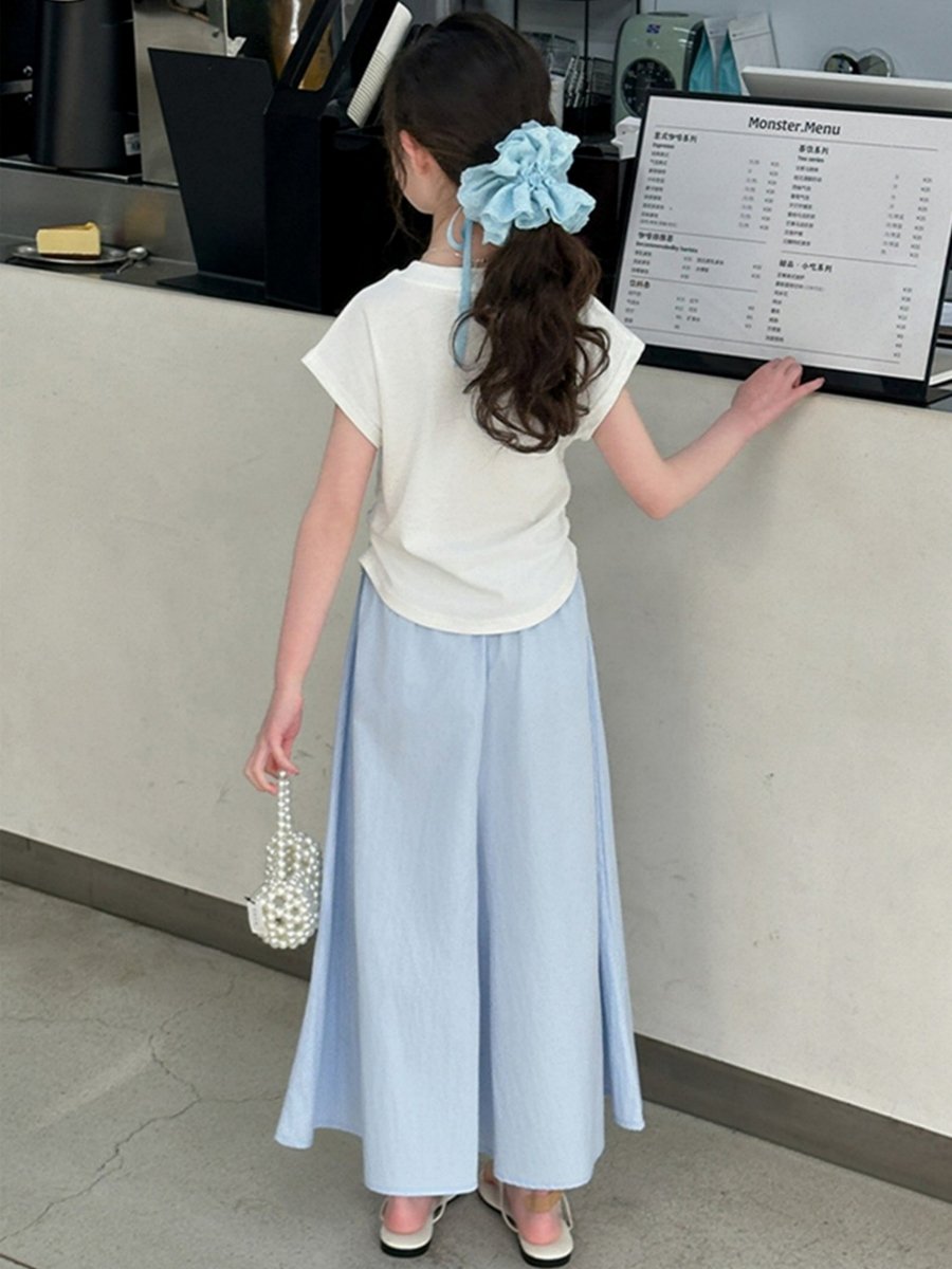 Girls Solid Ruched Detail T-Shirt and Wide Leg Pants Set