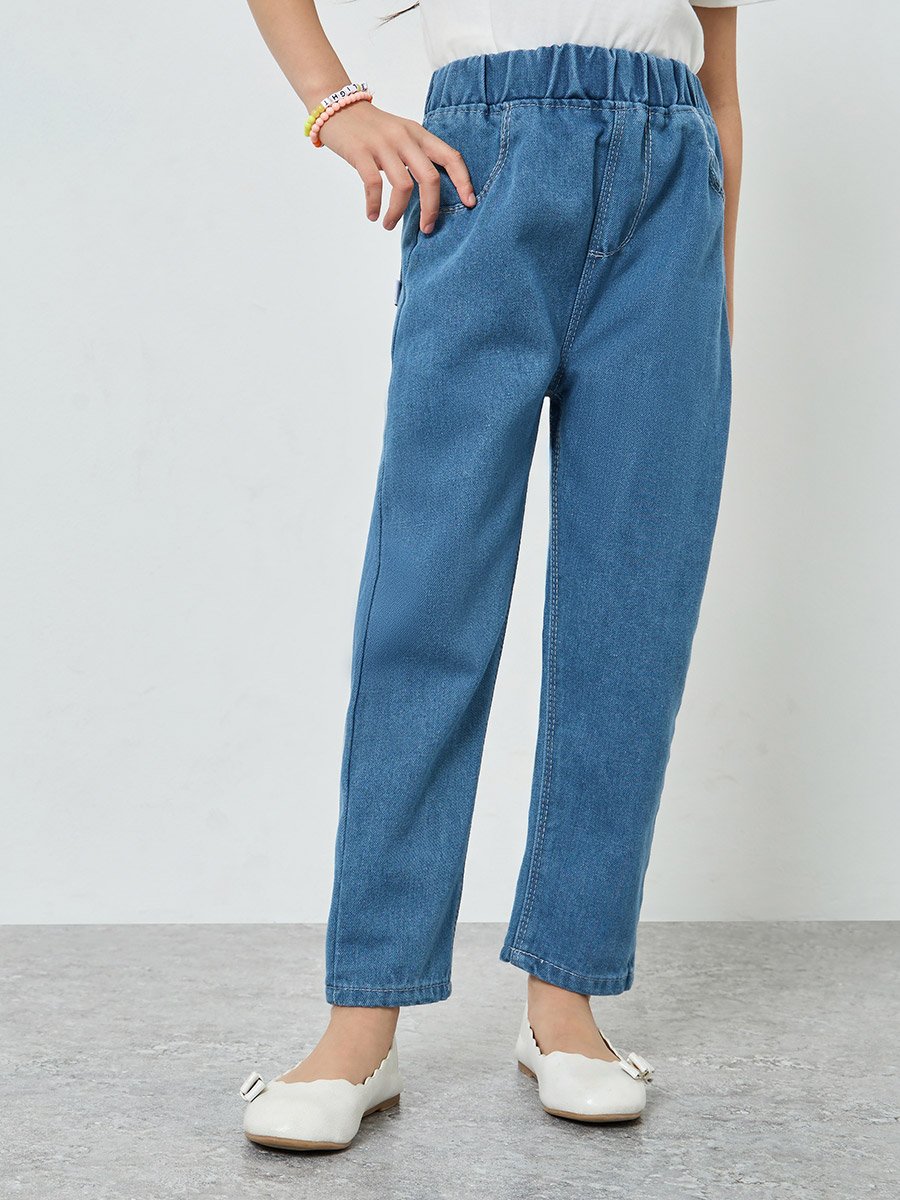 Girls Elastic Waist Relaxed Fit Jeans