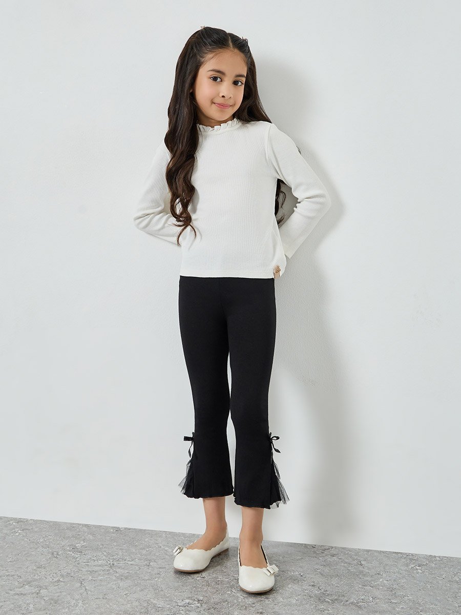 Girls Black Cotton Knit Leggings with Mesh Detail