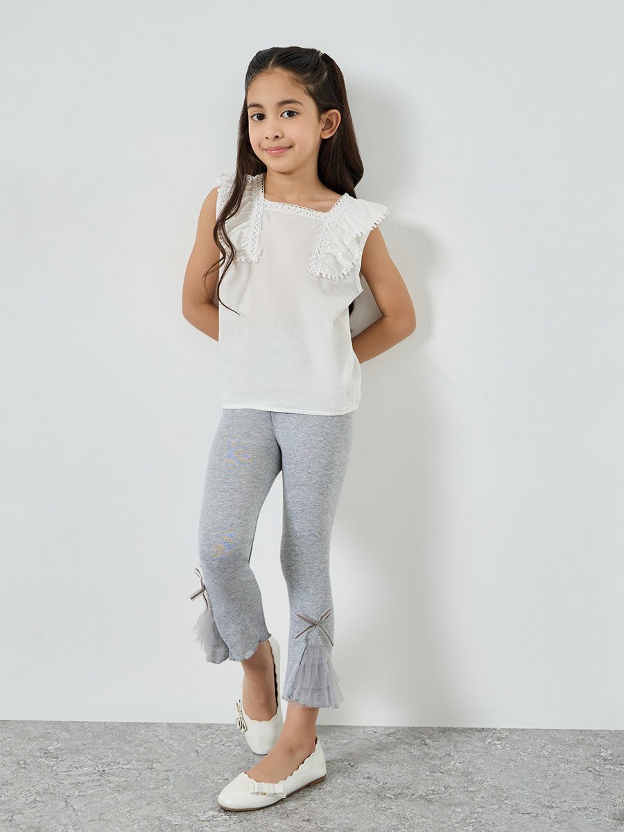 Girls Grey Cotton Knit Leggings with Mesh Detail