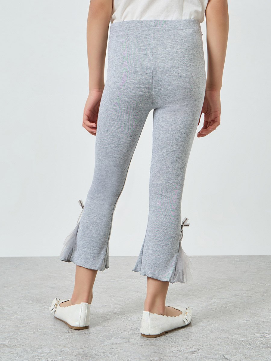 Girls Grey Cotton Knit Leggings with Mesh Detail