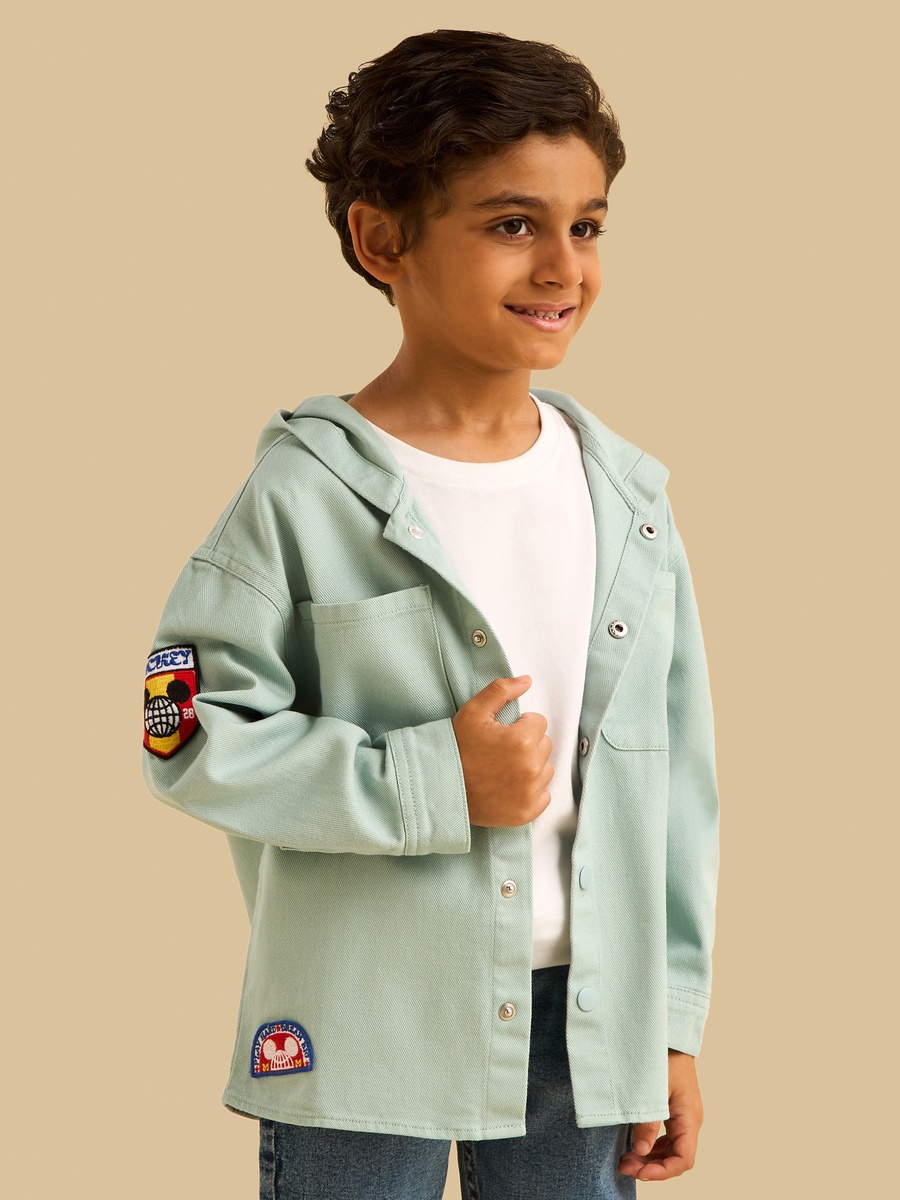Mickey Mouse Print Hooded Twill Shacket