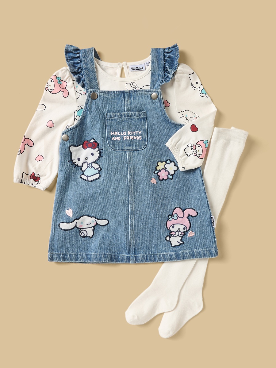 Hello Kitty and Friends Applique Cotton Pinafore with T-Shirt and Tights