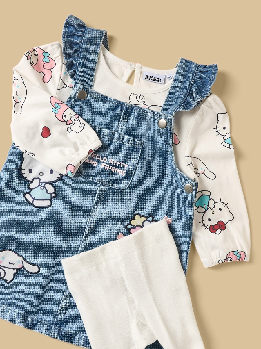 Hello Kitty and Friends Applique Cotton Pinafore with T-Shirt and Tights