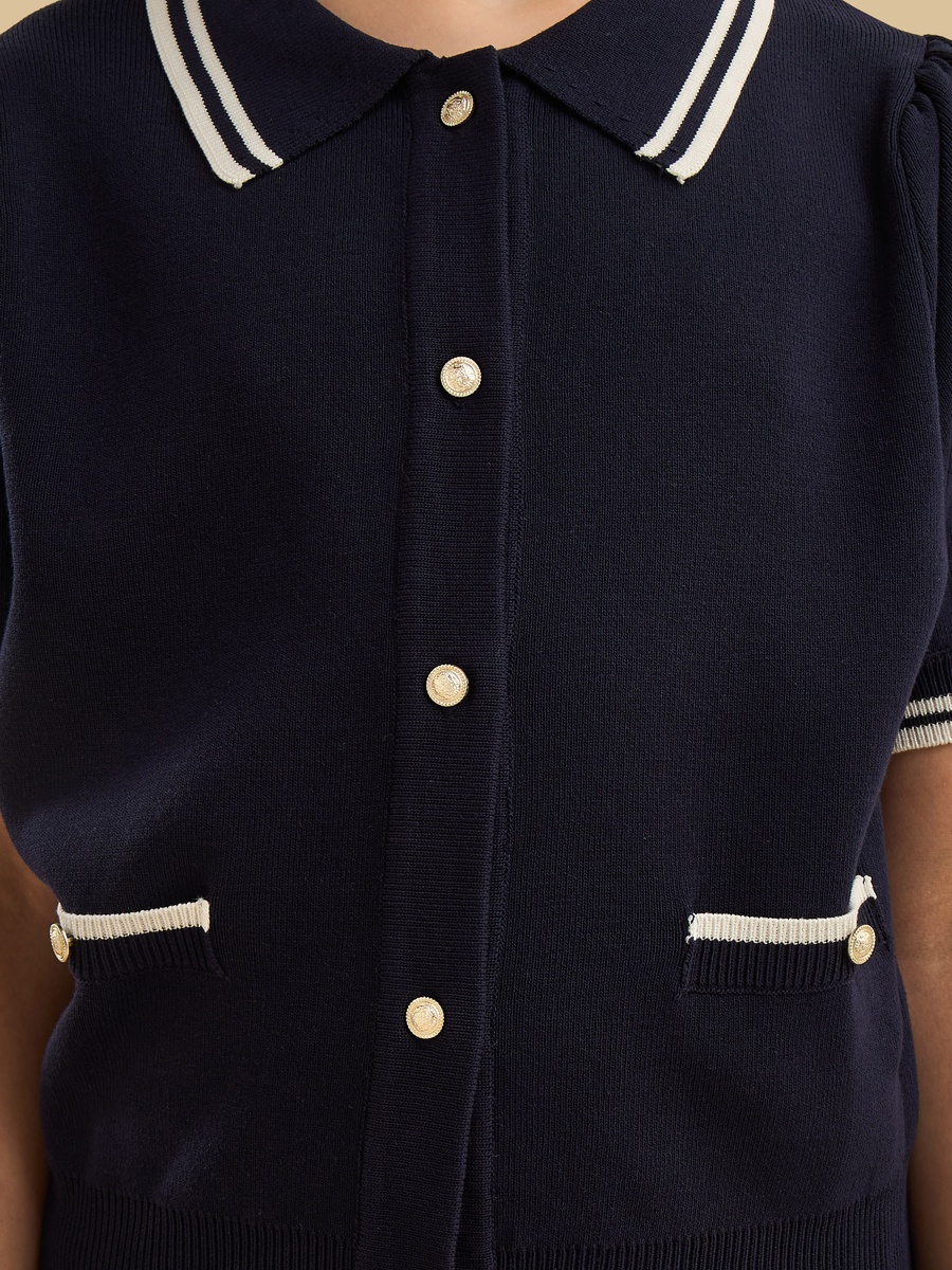 Tipping Detail Soft Touch Cardigan with Pleated Skirt